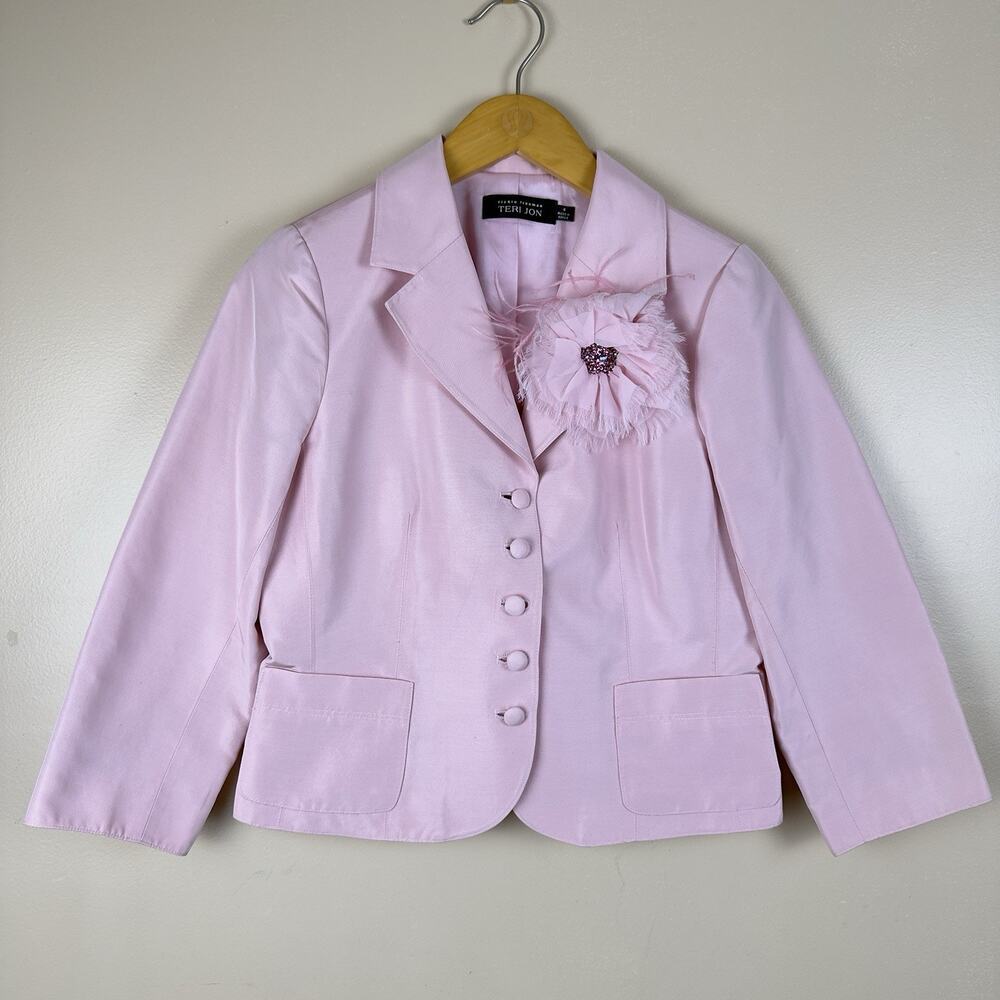 Teri Jon Women’s Silk Blend Blazer Light Pink Feather Flower Brooch Size 4